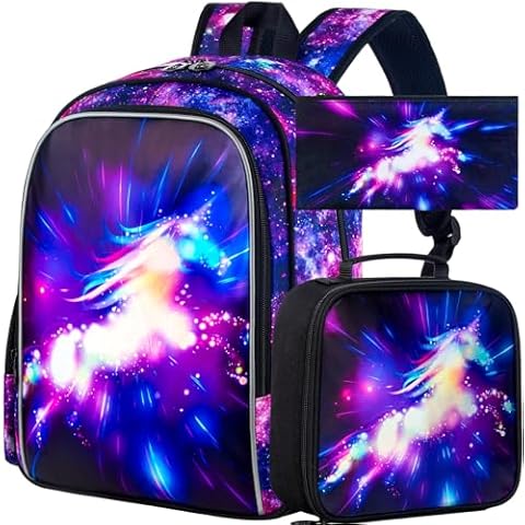KLFVB 3PCS Unicorn Backpack, 16" Kids Bookbag for Girls and Lunch Box, Water Resistant Preschool Backpacks for Elementary Students - Unicorn Black Cover