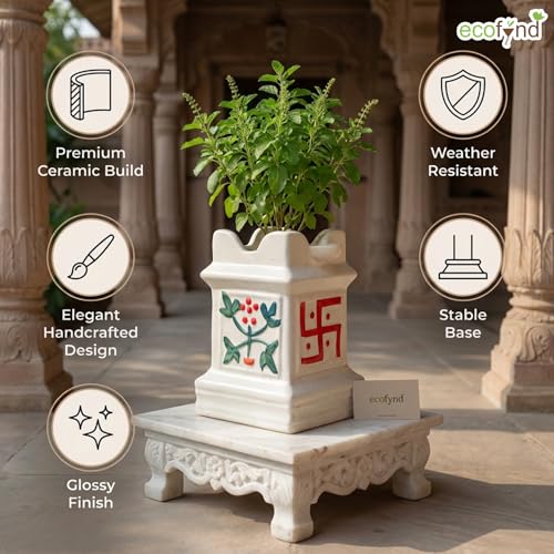 Image of ecofynd 12 inches Tulsi Ceramic Plant Pots, Flower Pot with Drainage Hole, Decorative Modern Indoor Planters, Home Garden Decor for Living Room Bedroom Interior (Ivory,CPOT040)