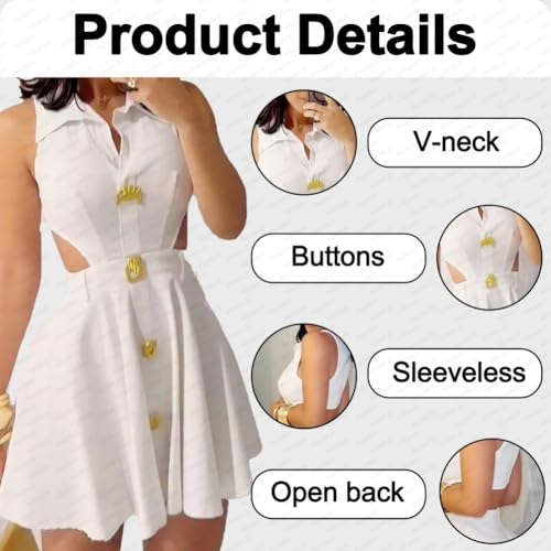 Ladies V-Neck Sleeveless Mini Dress with Metal Button Down, Sexy Hollow Out Waist A-Line Beach Dress for Summer3
