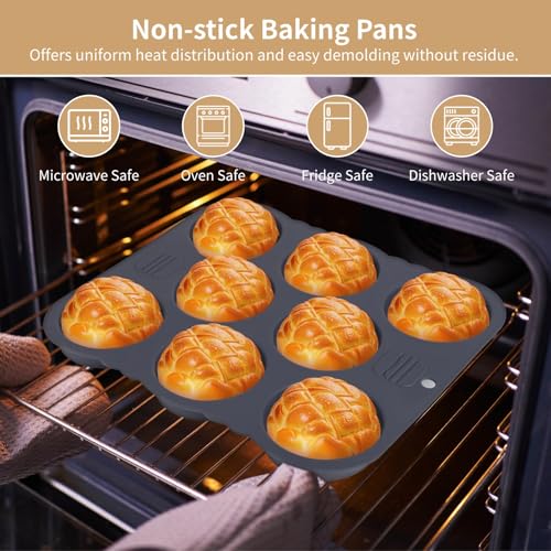Set of 6 Hamburger Bun Pans for Baking, 4/8/9-Cup Hamburger Bun Mold, Silicone French Bread Baking Pan with Brush, Spatula, and Grab Glove, Nonstick Perforated Baking Pans, Dishwasher Microwave Safe