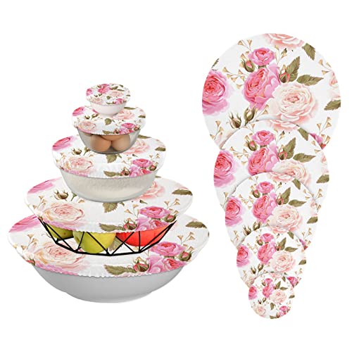 Kcldeci 5 Pieces Bowl Covers Pink Rose Flower Floral Reusable 5 Size Stretch Cloth Fabric Bread Bowl Covers Elastic Food Storage Covers Kitchen Bowls Storage Container