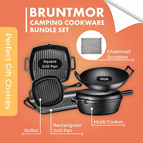 Bruntmor Pre Seasoned Cast Iron Kitchen Utensils Set 7 Piece Bundle Pots And Pans Set | Rectangular & Square Grill Pan , Wok, Cast Iron Skillets , Frying Pan ,Chainmail, Dutch Oven And Outdoor Camp #TOP2