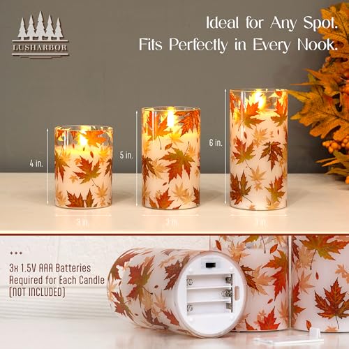 Image of Fall Flameless Candles with Remote, Autumn Maple Leaf Battery Candles | Set of 3 LED Glass Candles with Timer Battery Powered Pillar Candles Thanksgiving Decor Electric Fake Candles Mantel