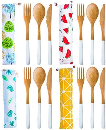4 Bamboo Cutlery Sets - Bamboo Utensil-Reusable Silverware Sets-Eco-friendly Travel Wooden Utensils-Bamboo Spoons, Forks and Knives with Stylish White Painted Handles and Colorful Individual Cases.