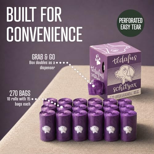 Image of Dog Poo Bags | Eco Biodegradable Poop Bags | Thick Dispenser Refill Rolls with Tie Handles | Strong Bags | 100% Leak-Proof Unscented Sacks (Purple, 1 Box - 270)