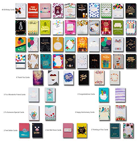 60 Rose Gold Foiled Birthday Cards w/Assorted All Occasion Greeting Cards - All Unique Design, Big 5”x7”, Thank You, Anniversary Cards, Simple Message Inside, Magnetic Box Variety Set w/Thick Envelope