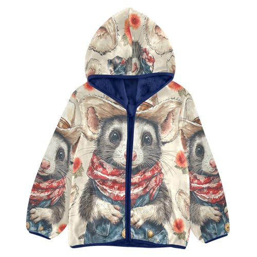 Cowboy Opossum Floral Pattern Toddler Fleece Jacket Girl Boys Hooded Fleece Jacket Coat Warm Outwear Zip-up 3-10T