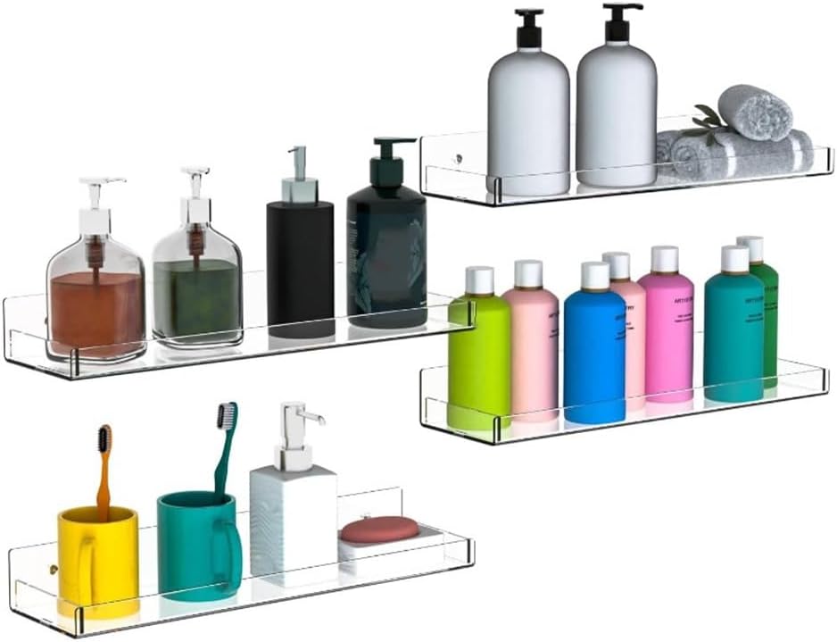 Clear Acrylic Floating Shelves, 4-Pack Wall Storage Display Shelf for Bathroom, Bedroom, Kitchen and Living Room Decor(4 device shelves)
