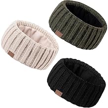 MUTKIS Winter Headbands for Women 3 Pack, Ear Warmers for Women Headband Wool Knit Thick Fleece Lined, Cold Weather Warm Ear MuffsBlack&Beige&Dark Gray-001