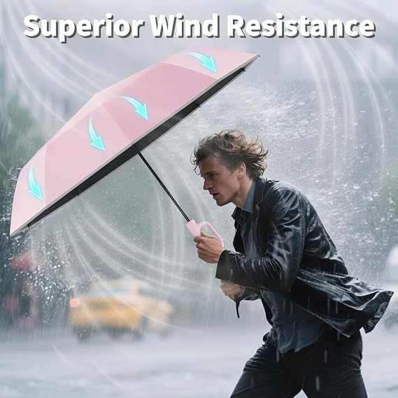 Image of Seniny Windproof Travel Umbrella, Automatic Umbrellas for Rain, Portable & Compact Umbrellas for Backpack, Strong UV for Protection, Folding Small Sun Umbrella for Car, Walking, Coral Pink, 38 inches