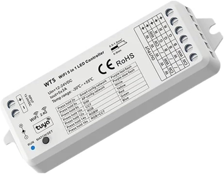 DC12V-24V WT5 LED WiFiコントローラー 5 in 1 TUYA調光器 スマートライフアプリ 2.4G RFワイヤ