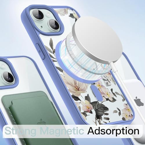 Image of VONZEE Compatible with iPhone 15 Plus Case Luxury Retro Flowers Floral Clear for Magnetic Wireless Charging Case Shockproof Case PC+TPU Cute Glossy Shiny Cover for Girls Women, 6.7'' Official Blue