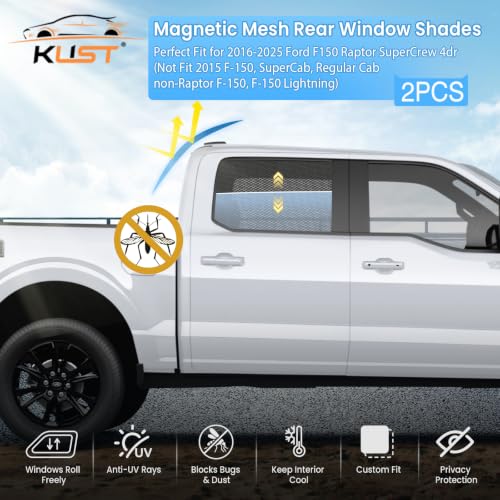 KUST Car Window Shades for 2016-2025 Ford F150 F-150 Raptor SuperCrew 4dr Accessories, Breathable Mesh Magnetic Window Covers, Rear Side Sun Shades UV Block Privacy Protection for Baby Camping 2PCS by KUST - Used condition - Image 2