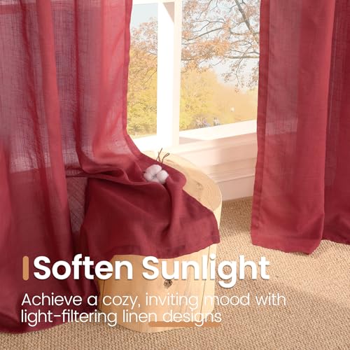 Image of BGment Burgundy Linen Kitchen Curtains for Window Over Sink, Short Semi Sheer Drapes for Bathroom Cafe Over Sink with Rod Pocket Lightweight, 2 Panels Set, Each 30 Inch Wide