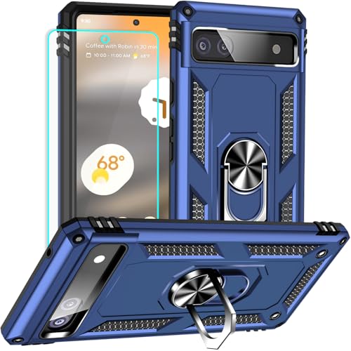 Yiakeng for Google Pixel 6A Case: with Screen Protector - Military Grade Protective Cases with Finger Ring Holder Kickstand for Pixel 6A Case(Blue)