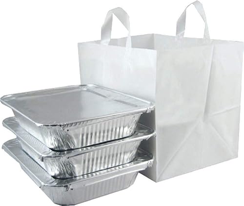 200 bolsas de catering de media bandeja de 14 x 11.5 x 12 pulgadas, bolsas de catering a granel con parte inferior de cartón y asas de bucle suave