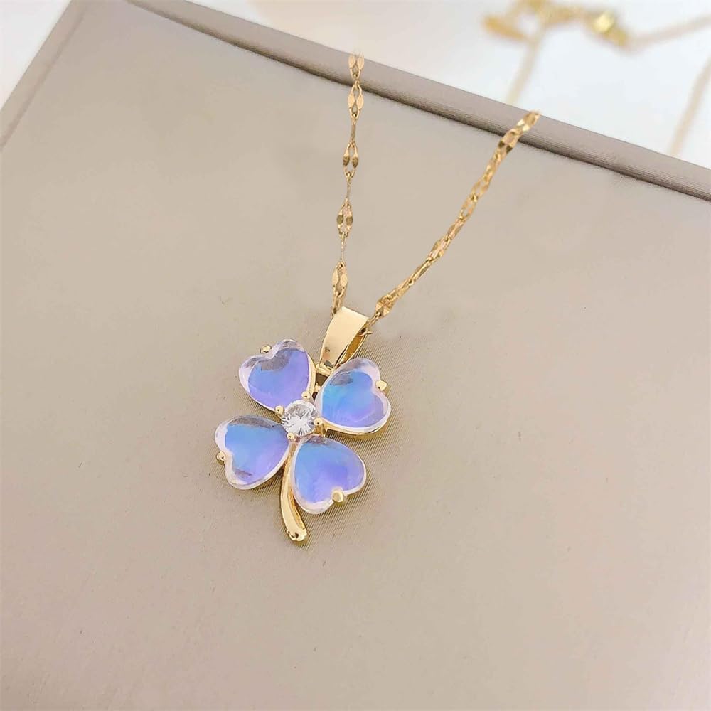 Dtja Dainty Clover Flower Pendant Necklace for Women Stainless Steel Gold Plated Cats Eye Shamrock Leaf Link Chain Necklace Adjustable Luck St.Patrick's Day Birthday Jewelry Gift 18 Inch - Image 4