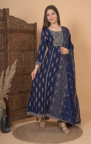Image of MEERA FAB Women's Rayon Printed Blue Anarkali Kurta with Palazzo & Dupatta Set