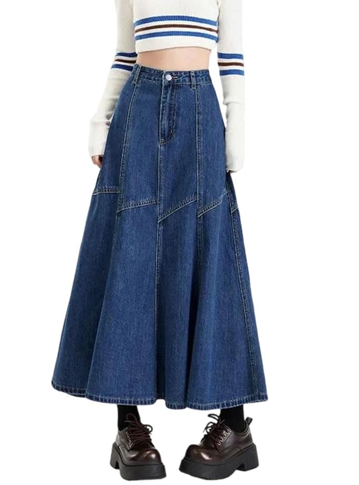 Womens Spring Autumn Patchwork Midi Denim Skirt Slimming A-Line Cotton Skirt Trendy Casual