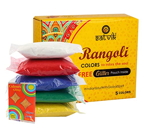 SATVIK 5 Shades of Rangoli Colors More Quantity Easy to Store Glitter Rangoli Colours Pouch (No GULAL) Festival/Festive Multi Colors Powder Art Crafts Painting Diwali Housewarming Return Gifts Items