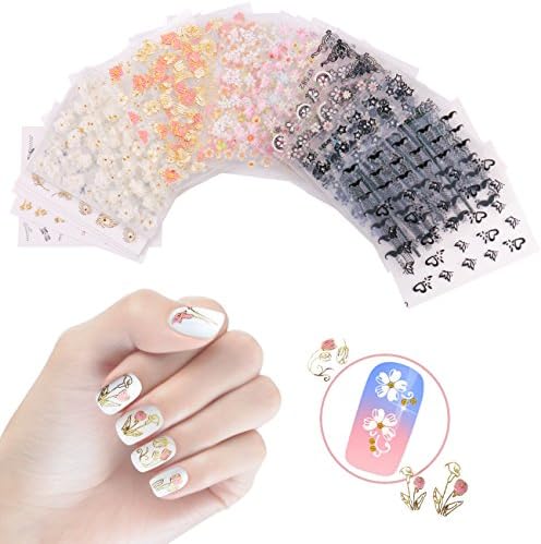 NiceDeco 50 Sheets 3D Design Self-Adhesive Tip Nail Stickers Nail Art Tattoo Nail Decals DIY Nail Art Decoration Flower/Butterfly/Fishes/Stars/Cat/Halloween Skull/Moustache/Lace