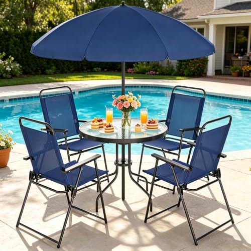 Shintenchi 6 Piece Outdoor Patio Furniture Set, Small Outdoor Patio Dining Table and Chairs Set, Outdoor Seating with Umbrella for Backyard, Balcony, Front Porch, Dark Blue