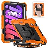 Timecity Case for iPad Mini 6th Generation 2021 8.3-Inch, Full-body Protective Case with Screen Protector Pencil Holder Swivel Kickstand Hand Strap/Shoulder Strap Kids Case for iPad Mini 6- Orange