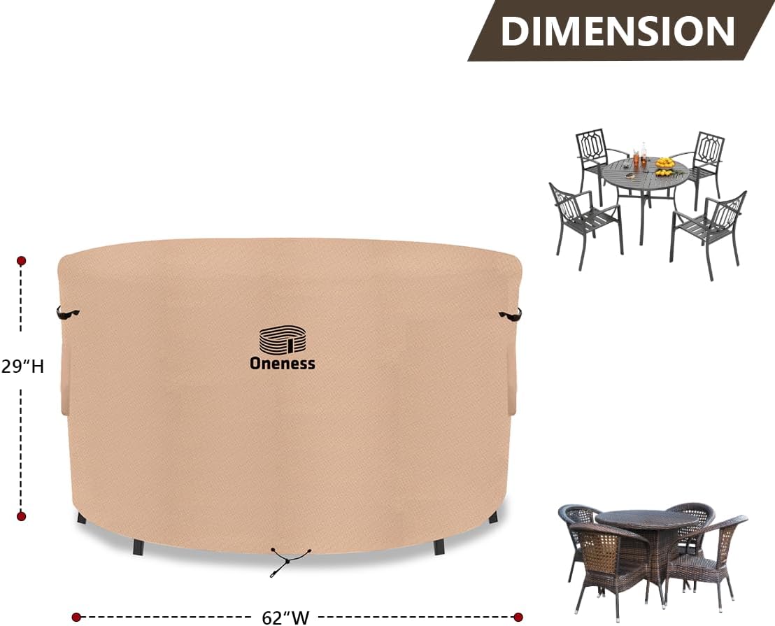 ONENESS Patio Furniture Sets Covers, Heavy Duty Tear Resistant Waterproof UV Resistant Round Outdoor Table and Chair Set Cover,62"Diax29"H Inch
