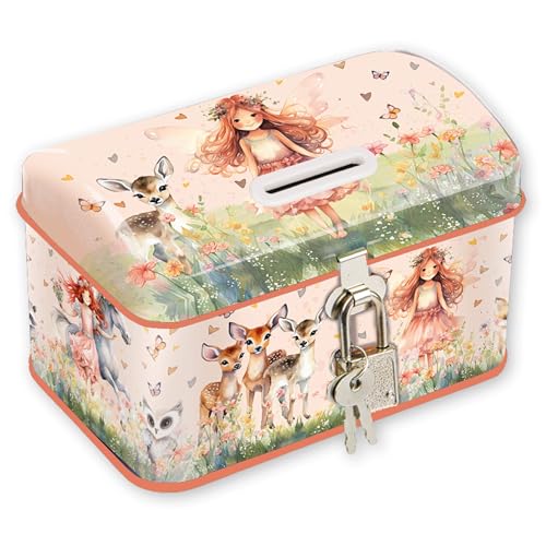 TapirElla Kinder Spardose Metall mit Schloss, Elfenprinzessin, Rehe,...