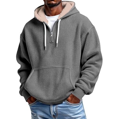 Sudadera con media cremallera para hombre manga larga gris con capucha y botones superiores