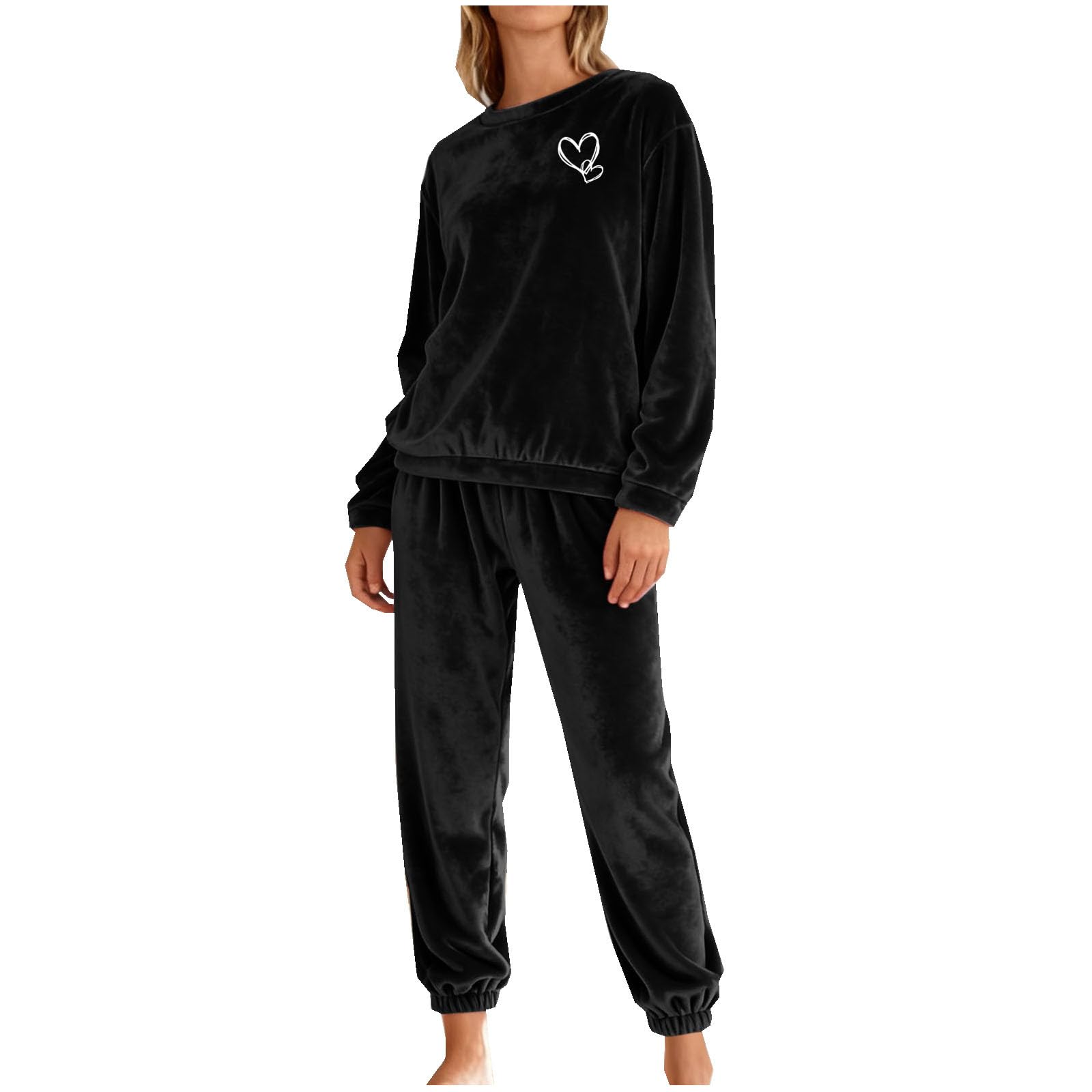 Schlafanzug Damen Fleece Lang Warm Pyjama Set Herbst Winter
