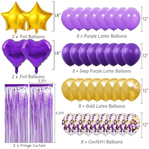 Image of Purple Gold Birthday Party Decorations Supplies Happy Birthday Banner Honeycomb Balls Fringe Curtain Foil Balloons Hanging Swirls Cake Topper Tablecloth Party Supplies for Women Girls