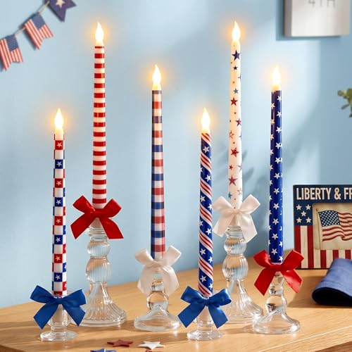 Image of Aurelema 6 Pcs 4th of July LED Flameless Candle Set 250th Anniversary Patriotic Taper Candles Battery Operated with Remote American USA Flag Bow Candles for Independence Day Decor Party Favors