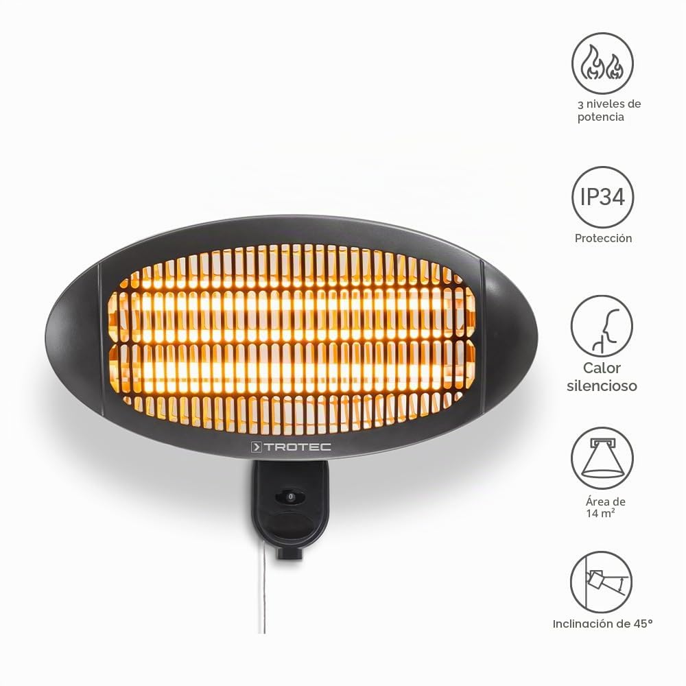 TROTEC Radiador por Infrarrojos IR 2000 S, 2000 W, Protección IP 34, Anti Sobrecalentamiento, Cuarzo | 2000 W, 3 niveles de calor, montaje en pared, trípode opcional, calentador de cuarzo, IP34