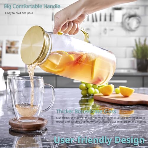 Image of Bivvclaz 2 Pack 2 Liter 68 oz 2.1 Qt Gold Glass Pitcher with Lid and Handle, Water Pitcher for Fridge, Glass Carafe for Hot /Cold Water, Large Iced Tea Jug for Coffee, Juice and Homemade Beverage