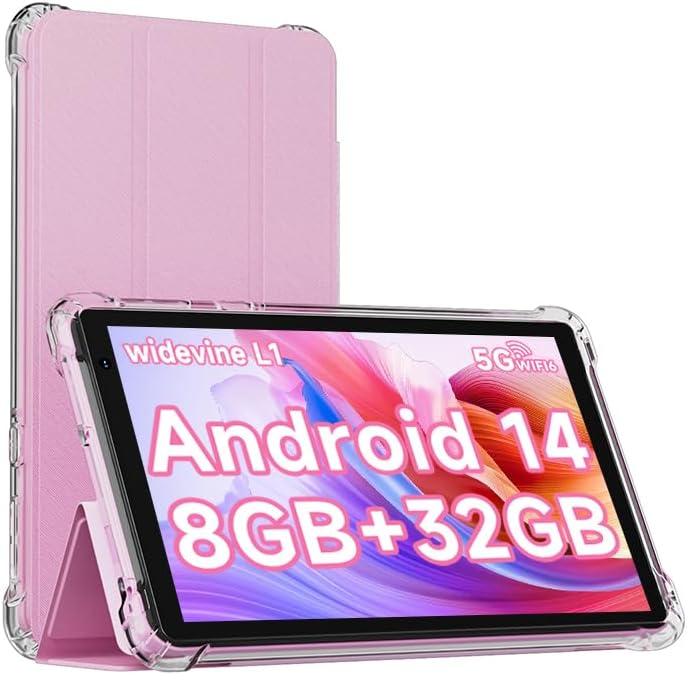 IWEGGO Android 14 Tablet with Case, 7 Inch 8GB RAM+32GB ROM/ 1TB Expandable Computer, 5MP Camera Tablets, 1.6Ghz Quad-core Processor, 3000mAH Battery Tablet PC, 5G WiFi, Games 7'' Android Laptop Pink