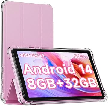 IWEGGO Android 14 Tablet with Case, 7 Inch 8GB RAM+32GB ROM/ 1TB Expandable Computer, 5MP Camera Tablets, 1.6Ghz Quad-core Processor, 3000mAH Battery Tablet PC, 5G WiFi, Games 7 Android Laptop Pink