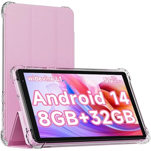IWEGGO Android 14 Tablet with Case, 7 Inch 8GB RAM+32GB ROM/ 1TB Expandable Computer, 5MP Camera Tablets, 1.6Ghz Quad-core Processor, 3000mAH Battery Tablet PC, 5G WiFi, Games 7'' Android Laptop Pink