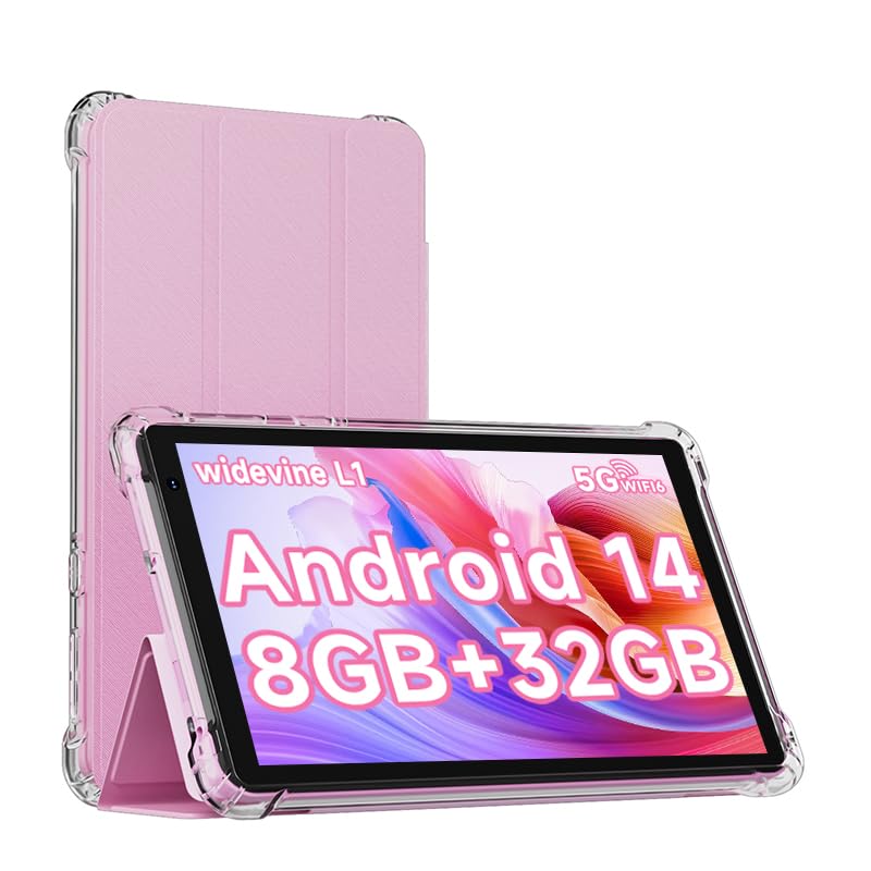 IWEGGO Android 14 Tablet with Case, 7 Inch 8GB RAM+32GB ROM/ 1TB Expandable Computer, 5MP Camera Tablets, 1.6Ghz Quad-core Processor, 3000mAH Battery Tablet PC, 5G WiFi, Games 7'' Android Laptop Pink