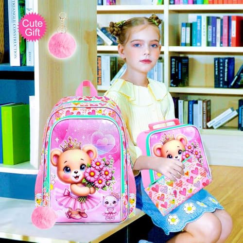 Image of CCJPX 16 inch Bear Backpack for Girls, 3Pcs Kids Bookbag with Lunch Box, Water Resistant Elementary School Bag for Kindergarten Preschool Toddler (Pink)
