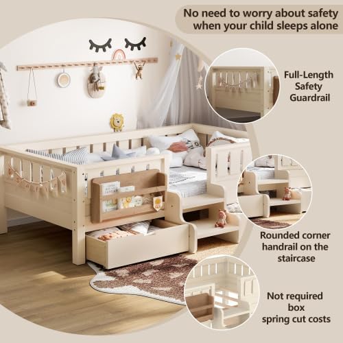 Miniatura 5 de Bellemave Cama de plataforma para niños de tamaño individual con vallas y escalera de seguridad, marco de cama individual con 2 cajones y estantería