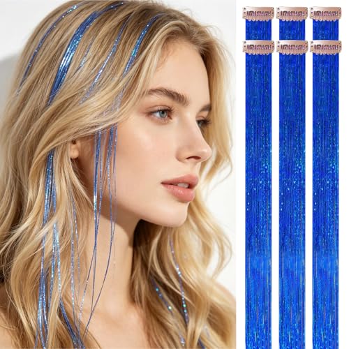 CELINABELLA Royal Blue Hair Tinsel Clip-in 23Inch 70Strands Heat Resistant Bold Sparkle Hair Extensions 6PCS with Comb & Ribbon for Women Teens Concert Festival Daily Style