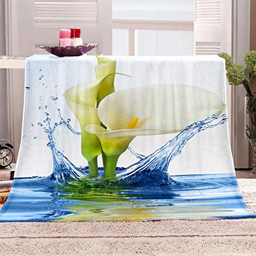 SVTUSR Manta De Franela De Microfibra 150X150Cm Manta De Felpa Suave para Sofá Cama 3D Flores Blancas En Agua Impresión Patrón Manta Polar Invierno Gruesa Y Esponjosa Caliente Transpirable