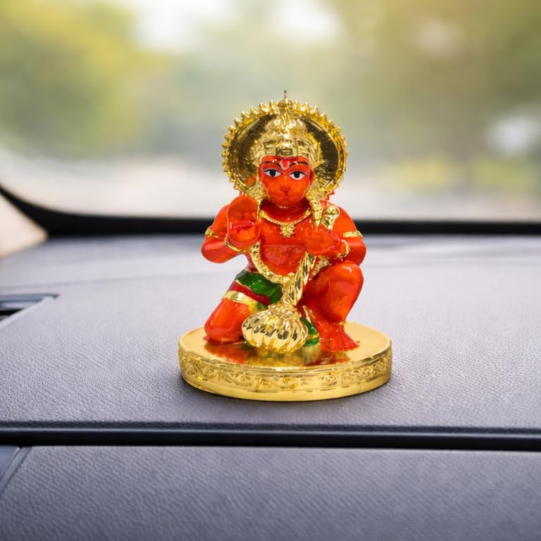Image of Gold Art India Hanumanji Sitting with Gada Gold Plated Hanuman Statue for Car Dashboard, Hanuman ji murti for Home Decor, Office Shelves, and Gifts Orange /Kesari (2.8 x 1.6)