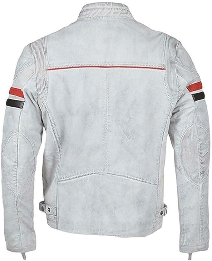 Mens Vintage Cafe Racer Retro White Motorcycle Red Black Stripes Biker Cowhide Leather Jacket3