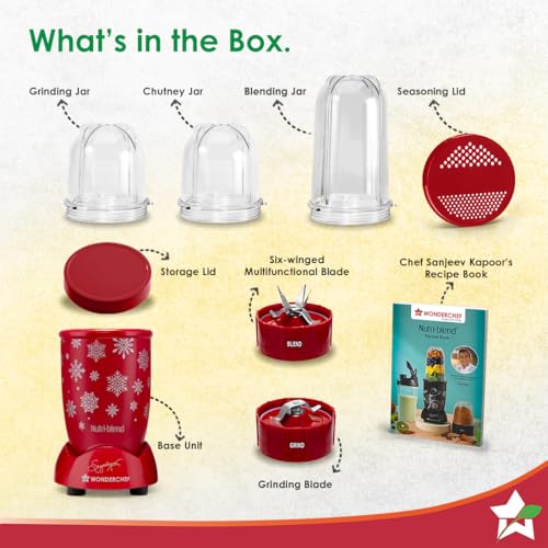 Image of Wonderchef Nutri-blend Snowflakes 500W Mixer Grinder, 22000 RPM, Smoothie Maker-Masala-Chutney Grinder, 3 Unbreakable Jars, Limited Edition, Recipe Book by Chef Sanjeev Kapoor, 2 Yr Warranty, Red