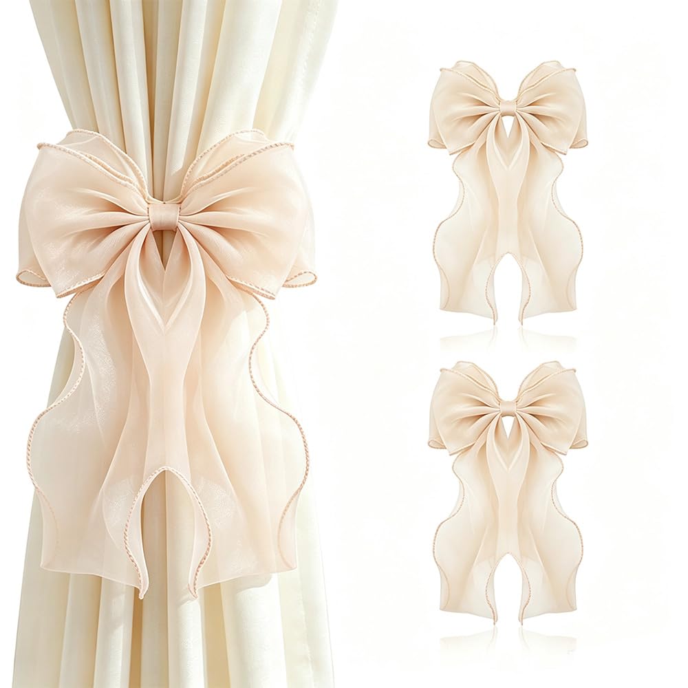Beige Bow Tie Backs for Curtains 2 Pack Aesthetic Bedroom Decor Curtians