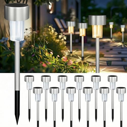 Jsdoin 12PCS Solar Garden Lights, Garden Stake Light Stainless Steel LED Solar Lights Waterproof Auto On-Off Pathway Lighting for Walkway, Patio, Outdoor, Lawn, Driveway (Warm)