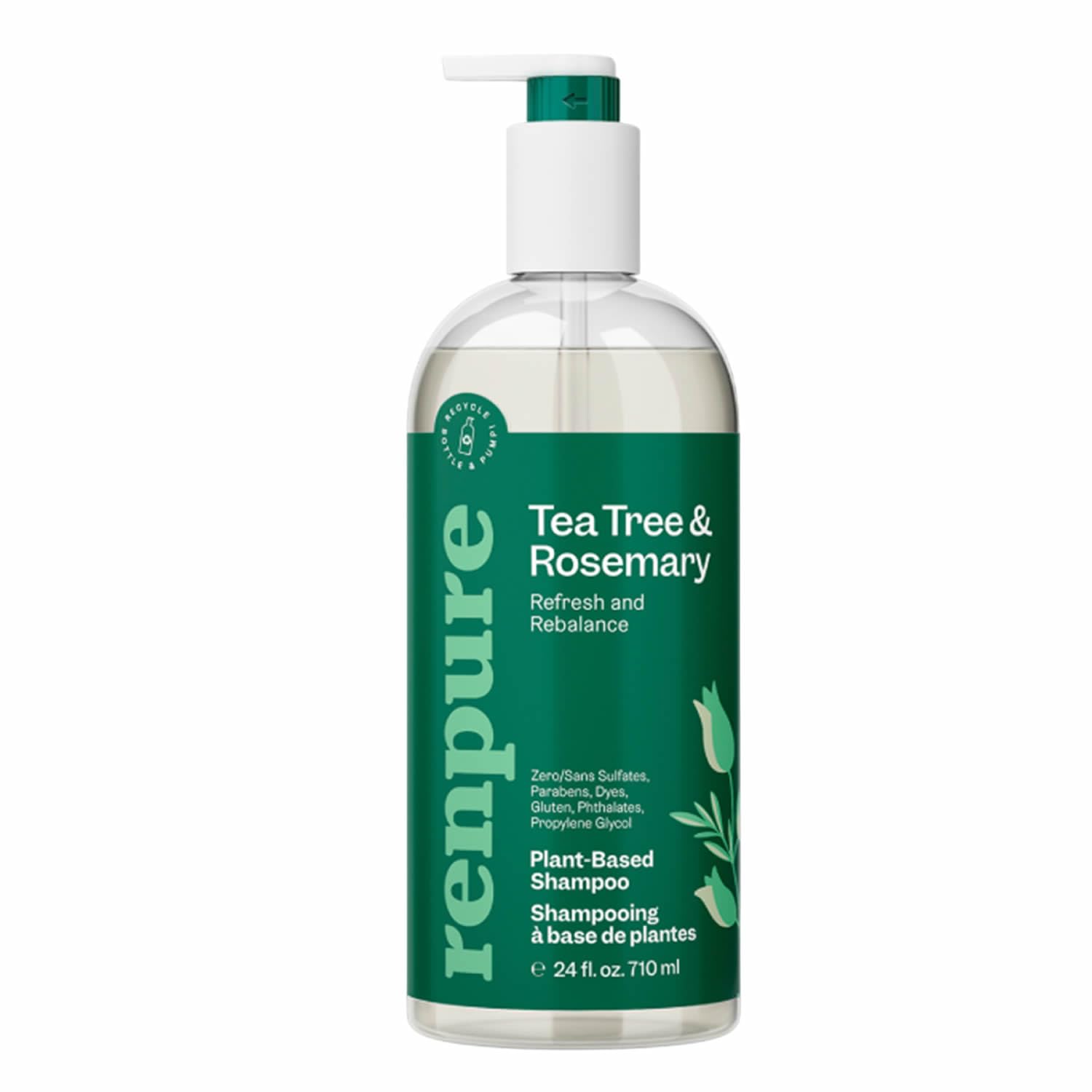 Renpure Plant Based Tea Tree and Rosemary Refresh and Rebalance Shampoo - Soothes Dry Scalp - Delivers Moisture and Shine - Rids Hair of Grime - Dye Free - Recyclable, Pump Bottle Design - 24 fl oz