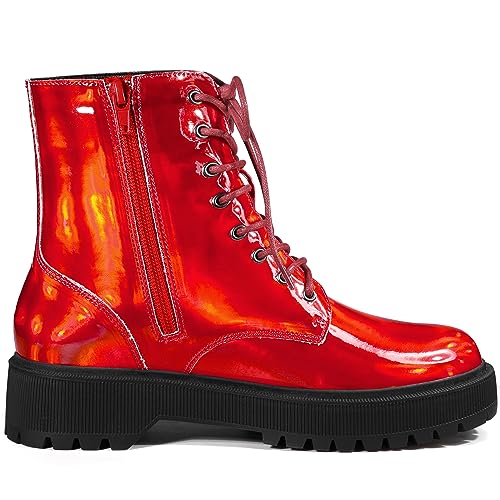 Allegra K Allegra K Women's Round Toe Platform Lace Up Colorful Combat Red Ankle Boots 6 M US